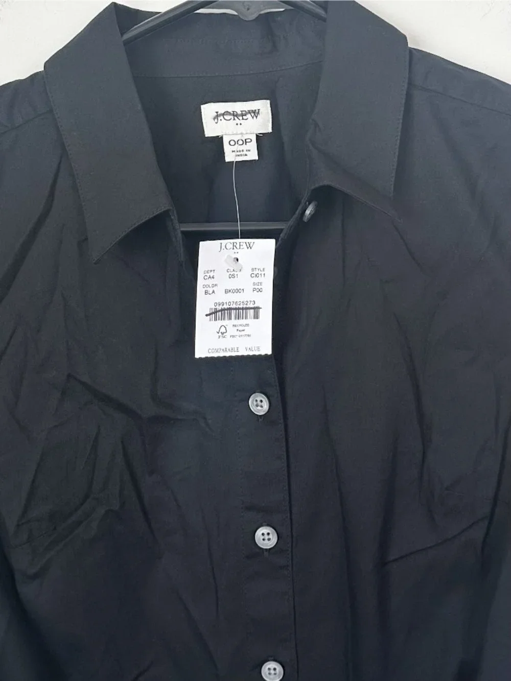 NWT J.Crew Black Long Sleeve Poplin Shirt Dress - Size: Petite 00